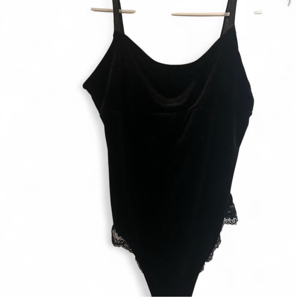 Black Velvet Bodysuit with Lace Trim